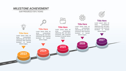 Milestone Road Map Infographic with 5 Steps and Editable Text on a 16:9 Layout for Business Presentations, Management, and Evaluation.