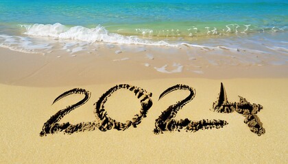 The number 2024 written in the sand on the seashore. Happy new year. Happy Christmas holidays. Year 2024. Greeting card. Generative AI