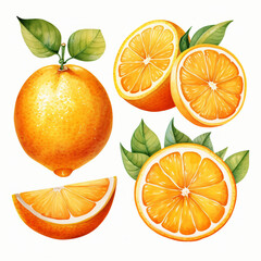 Watercolor orange fruits. Citrus set with half