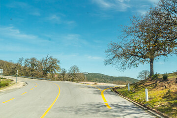 Country road with trees in the foreground and blue sky in the background