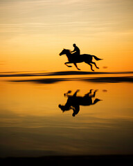 a rider of the waves: A Thrilling Sunset Horseback Ride Across the Water, silhouette of a man on his horse rushing at full speed on the beach, reflection of the water and orange sky
