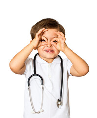 child in doctor's uniform and stethoscope shows ok