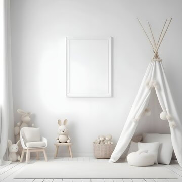 Mock up frame in white cozy children room interior background, Scandinavian style, 3D render
