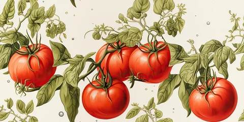 Fotobehang Vintage retro style drawing painting tomato on a branch in watercolor ink decorative background. © Graphic Warrior