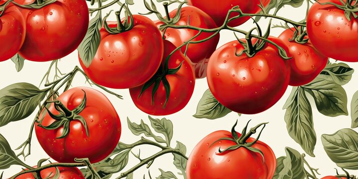 Vintage retro style drawing painting tomato on a branch in watercolor ink decorative background.