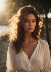 Naklejka premium Beautiful photorealistic 25-year-old girl, brunette hair, brown eyes, white clothes, approachable expression, golden-hour sunlight, beach setting, high-resolution, 85mm lens, 8K, Generative AI