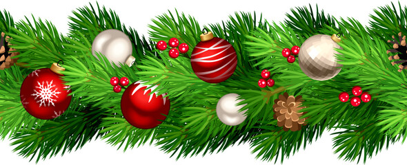 Christmas horizontal seamless border with green fir branches, red and silver Christmas balls, pine cones, and holly. Vector seamless garland