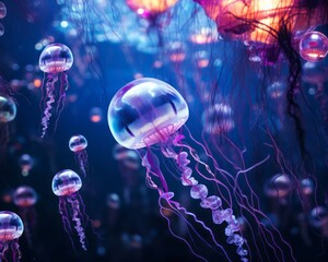 Beautiful scene in sea with a shoal of jellyfish. Dreamy scenic view. Purple blue colors.