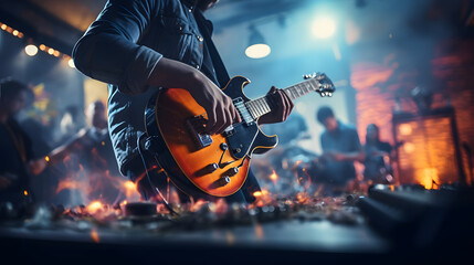 Man playing electric guitar in night club. Music festival and concert concept. Guitarist playing an electric guitar in a recording studio, music concept. Band performing live on stage in nightclub.