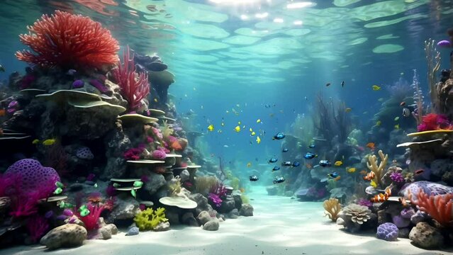 Enchanting Underwater Oasis, A Futuristic Coral Reef Symphony. Seamless looping 4K time-lapse virtual video animation background.