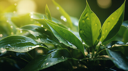 A green plant with water droplets in the sunlight, featuring detailed background elements and atmospheric environments with bright luster in photorealistic compositions.