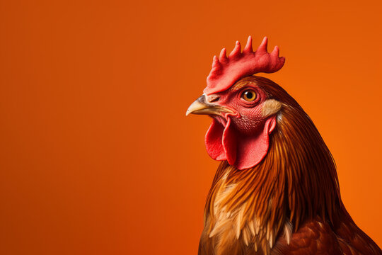 A rooster displayed on a vibrant red and orange background, minimal retouching, presenting a minimalistic, clean, stylish appearance with smooth surfaces.