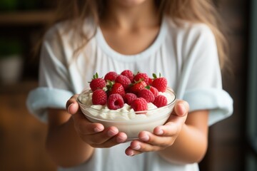 woman holding a bowl with yogurt and raspberries - obrazy, fototapety, plakaty