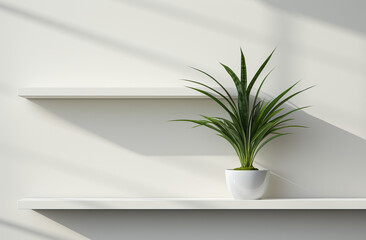 Plant on white shelf, angular abstraction, photoillustration, high angle, environmentally inspired, abstract nature.