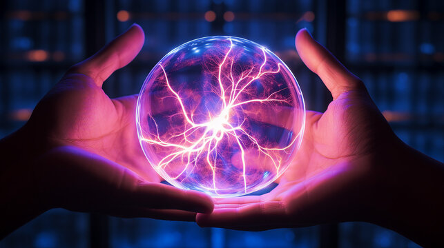 woman hand touching plasma ball, vibrant energy rays, futuristic technology