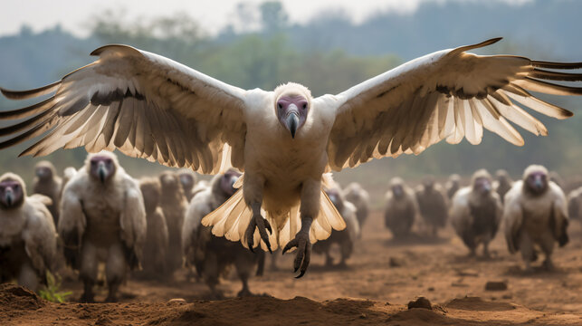White griffon vulture landing near flock