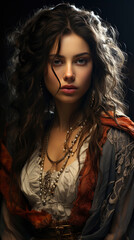 Graceful and beautiful, she stands in ancient attire; a vertical portrait capturing a story for an alluring book cover.