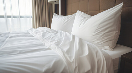 Fototapeta na wymiar White linens on the hotel bed