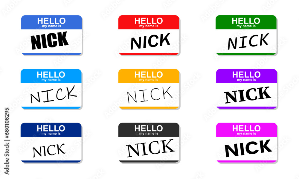 Aufkleber nametag vector badge with empty space and text in different styles and colors hello my name is commu
