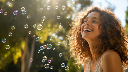 Young brunette woman playfully blowing bubbles in park.