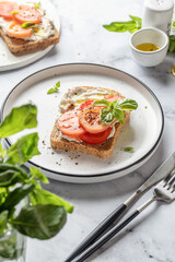 Sandwich or toast with tomatoes, cream cheese, olive oil and basil on a plate on white marble background. Traditional italian mediterranean food