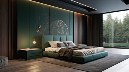 Bedroom interior design for inspiration and ideas. Dark Green Headboard