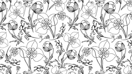 Black and white seamless pattern with wildflowers
