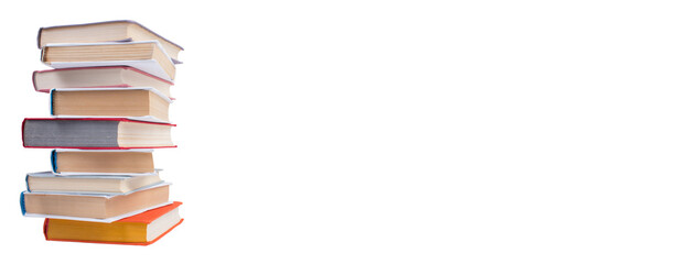 Composition with hardcover books, Books stacking, isolated on white background. Back to school. Copy Space. Education background. Banner