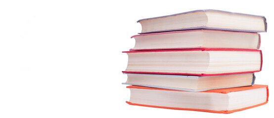 Composition with hardcover books, Books stacking, isolated on white background. Back to school. Copy Space. Education background. panorama, banner.