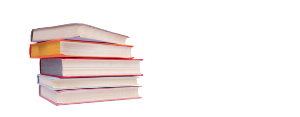 Composition with hardcover books, Books stacking, isolated on white background. Back to school. Copy Space. Education background. Banner
