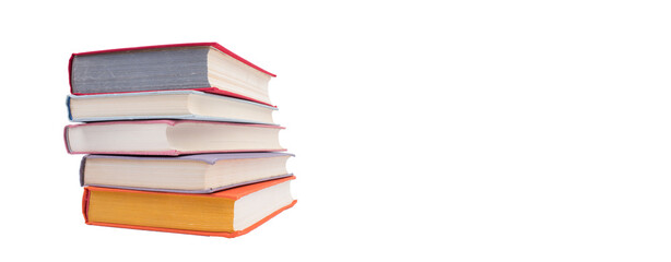 Composition with hardcover books, Books stacking, isolated on white background. Back to school. Copy Space. Education background. Banner