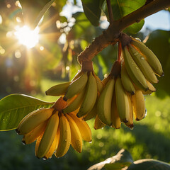 Close-up de bananas em um ramo de árvore, com a luz solar delicadamente refletindo sobre elas.