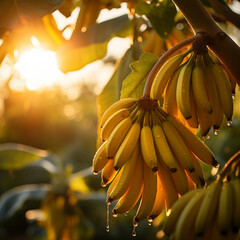 Close-up de bananas em um ramo de árvore, com a luz solar delicadamente refletindo sobre elas.