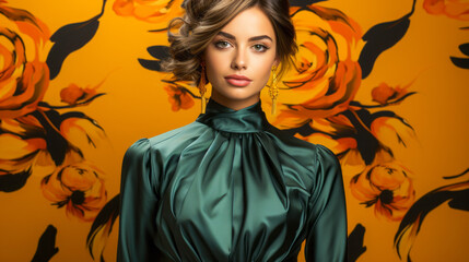 Young girl in haute couture outfit with bold makeup on vibrant backdrop.