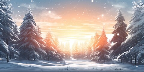 Winter wonderland. Breathtaking snowy landscape with majestic trees blue sky and christmas magic. Celebrate season. Scene of snow covered forest pine tree and warm glow of sunrise