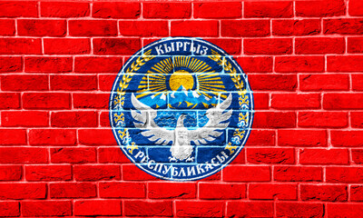 Flag and coat of arms of Kyrgyz Republic on a textured background. Concept collage.