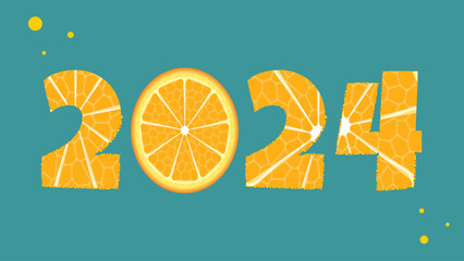Happy New Year 2024. Vector illustration with orange slice. Design for greeting card, banner, poster or flyer - obrazy, fototapety, plakaty