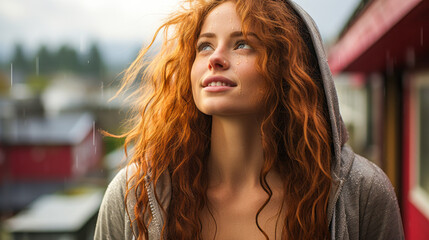 Fototapeta premium Redhead woman stretching on a rainy city rooftop.