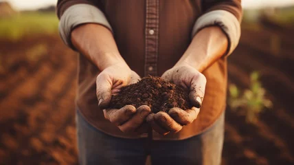 Poster Farmer holding soil in hands © Yuwarin