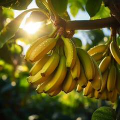 Close-up de bananas em um ramo de árvore, com a luz solar delicadamente refletindo sobre elas.