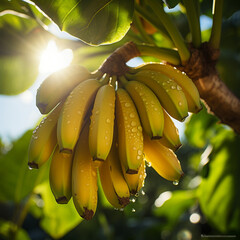 Close-up de bananas em um ramo de árvore, com a luz solar delicadamente refletindo sobre elas.