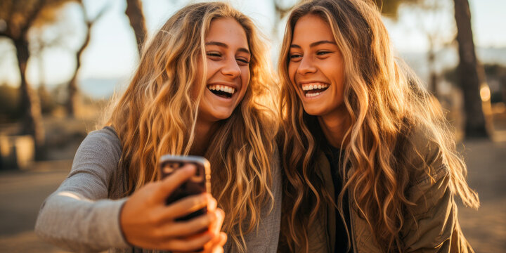 Teenage girls laughing at a cell phone.