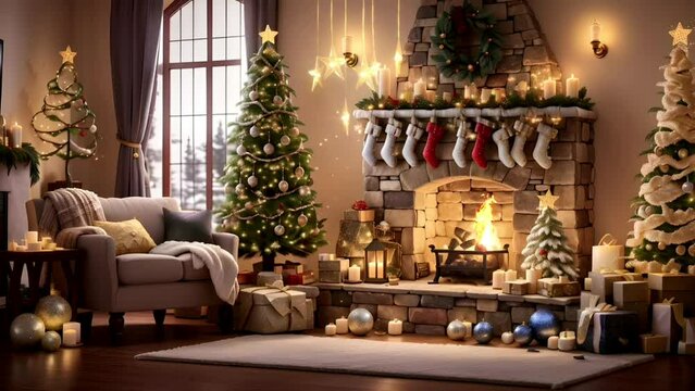 Fireplace with Christmas decorations, seamless looping time-lapse virtual video Animation Background.