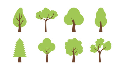 Vector tree simple flat icon. Cartoon tree forest icon silhouette set, green branch leaf.