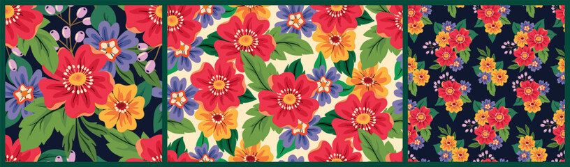 Seamless floral pattern, colorful summer ditsy print collection. Cute botanical design with hand drawn large plants: colorful daisy flowers, leaves, different backgrounds. Vector nature illustration.
