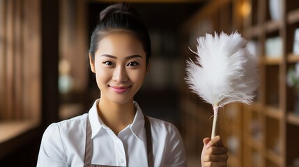 Thai maid in housekeeper uniform with feather broom for cleaning the room - obrazy, fototapety, plakaty