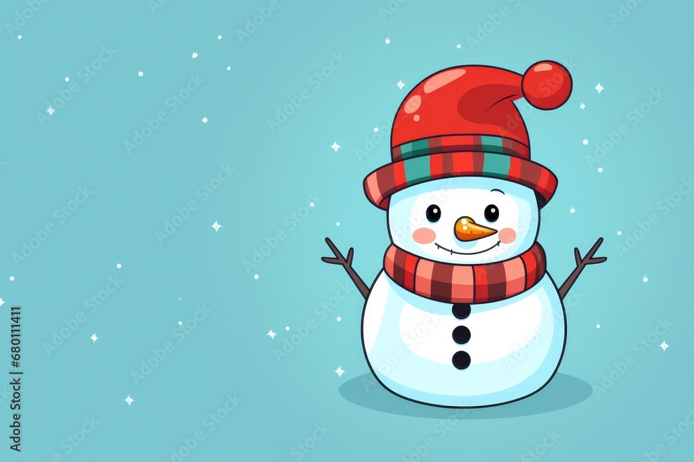 Canvas Prints Cute Cartoon Christmas Snowman Illustration  on a Blue Background with Space for Copy