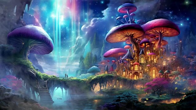 fantasy dream fairytale night landscape, loop video background animation, cartoon anime style, for vtuber / streamer backdrop