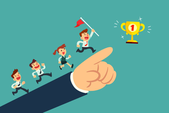 business team running on big hand pointing to trophy