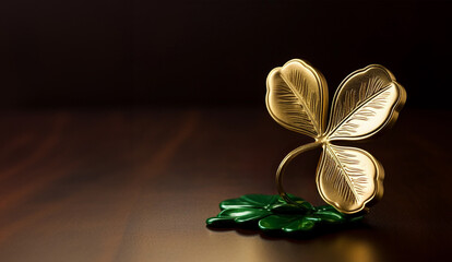 St Patricks Day gold three-leaf lucky clover shamrock on green background - obrazy, fototapety, plakaty